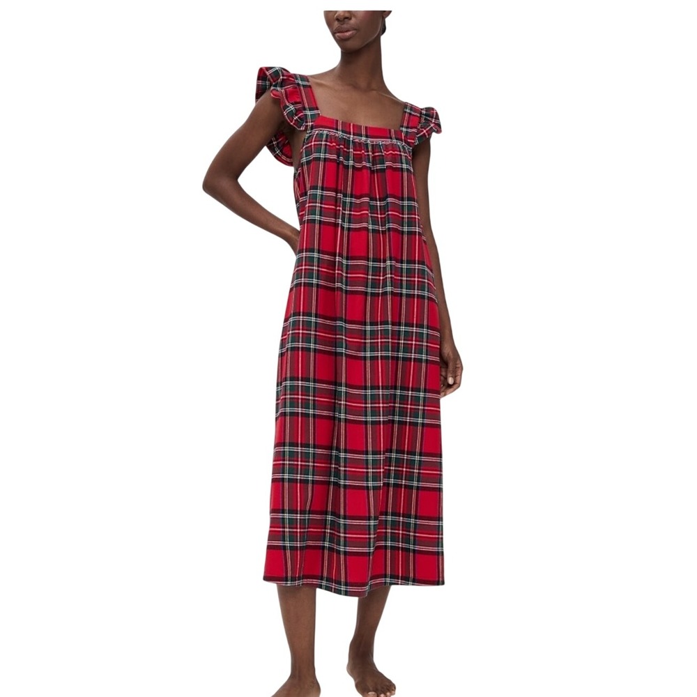Petite Plume Womens Red Plaid Flannel Ruffle Nightgown Cotton Sleep Dress L